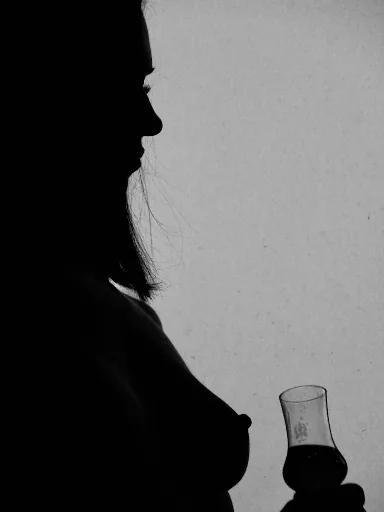 Black and white profile silhouette holding a small glass
